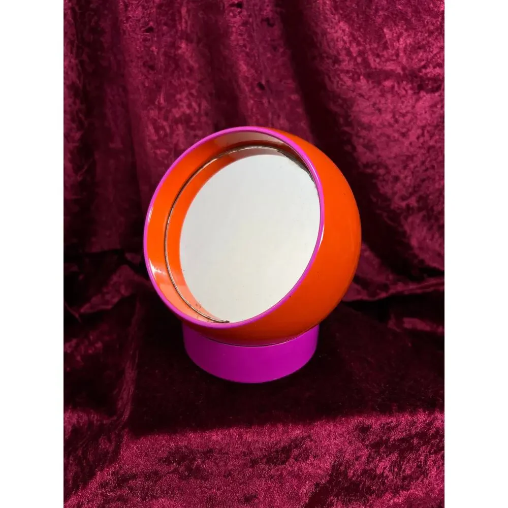 Vintage Plastic Ball Vanity Mirror - Mod Space Age Orange Pink Swivel - Japan